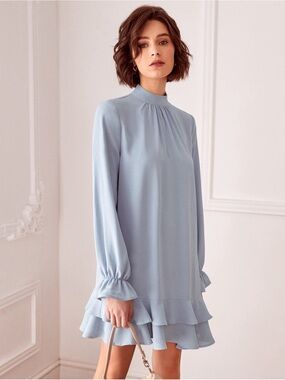 Light Blue Ruffle Hem Long Sleeve Dress